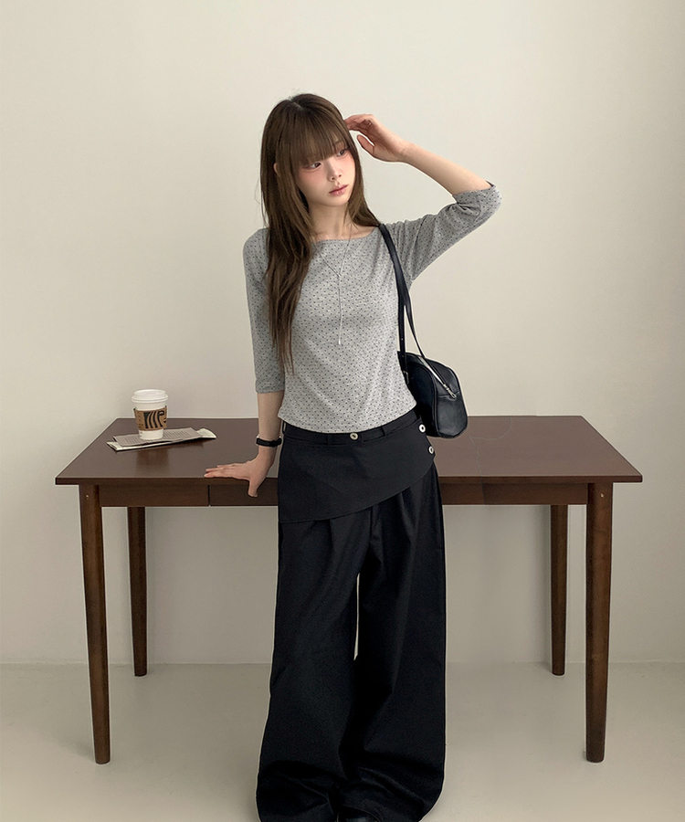 スリム7分丈ドット長袖Tシャツ GREY