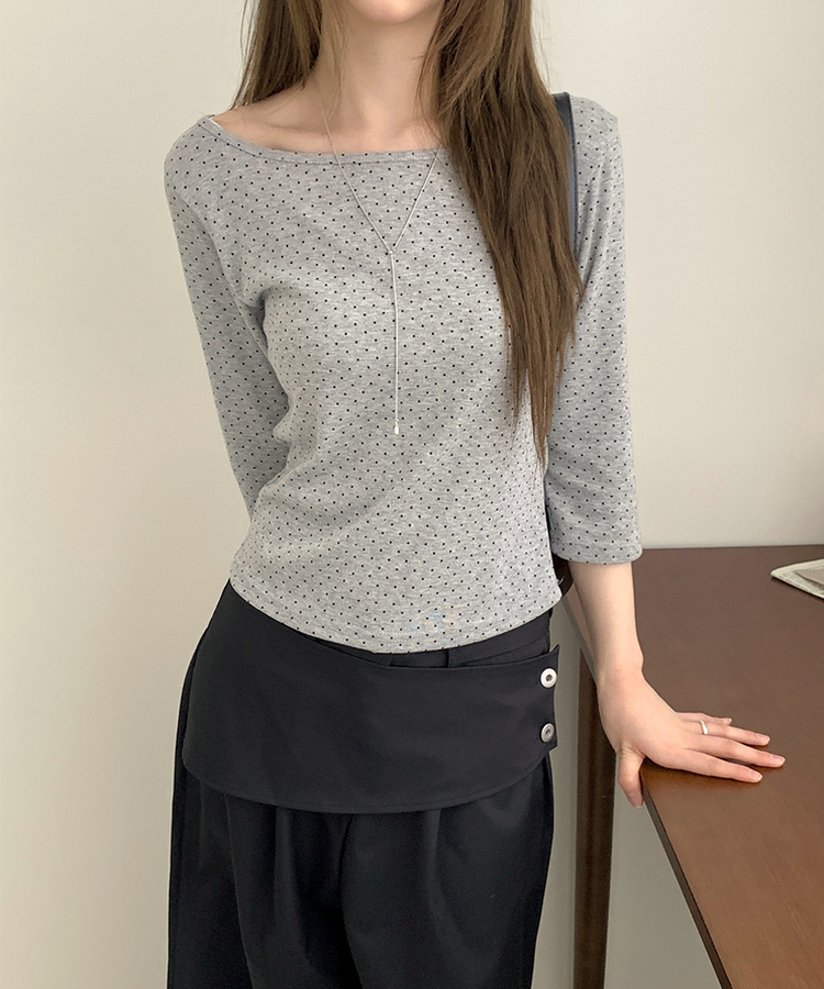 スリム7分丈ドット長袖Tシャツ GREY