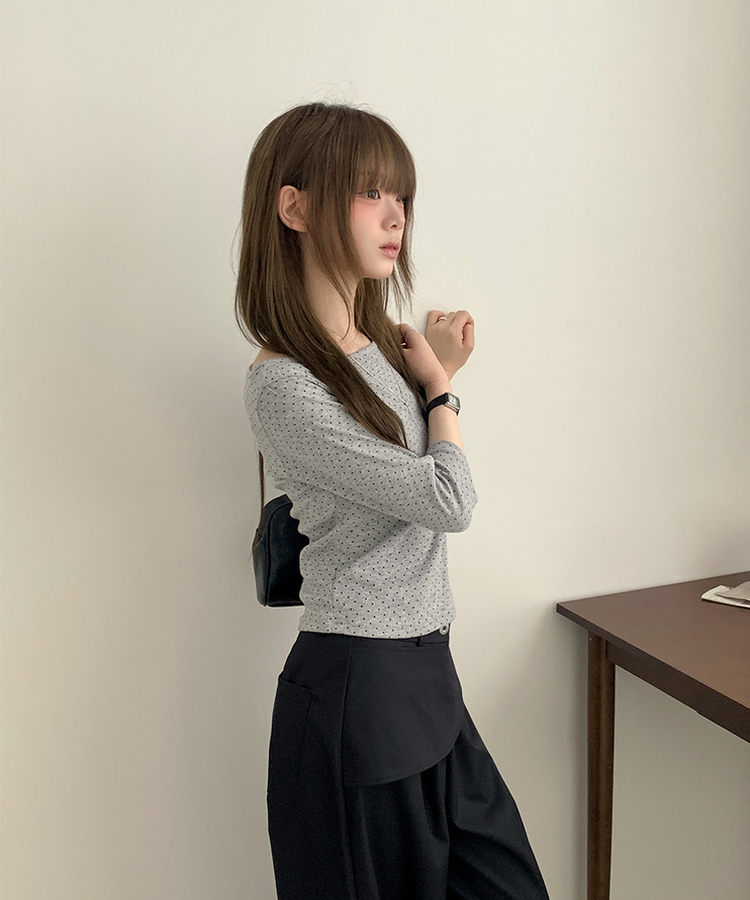 スリム7分丈ドット長袖Tシャツ GREY