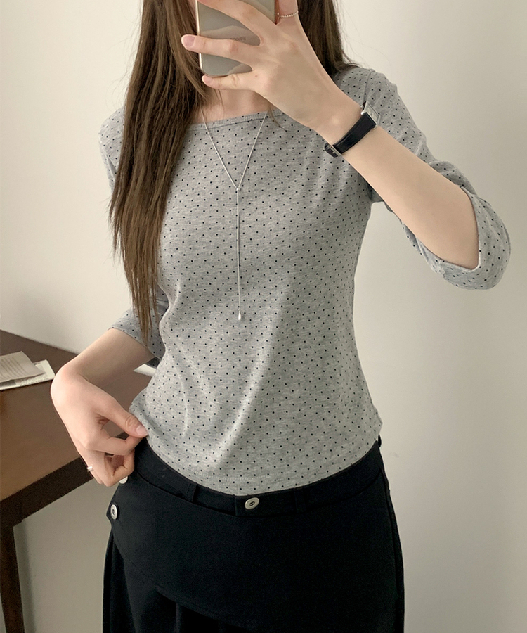スリム7分丈ドット長袖Tシャツ GREY