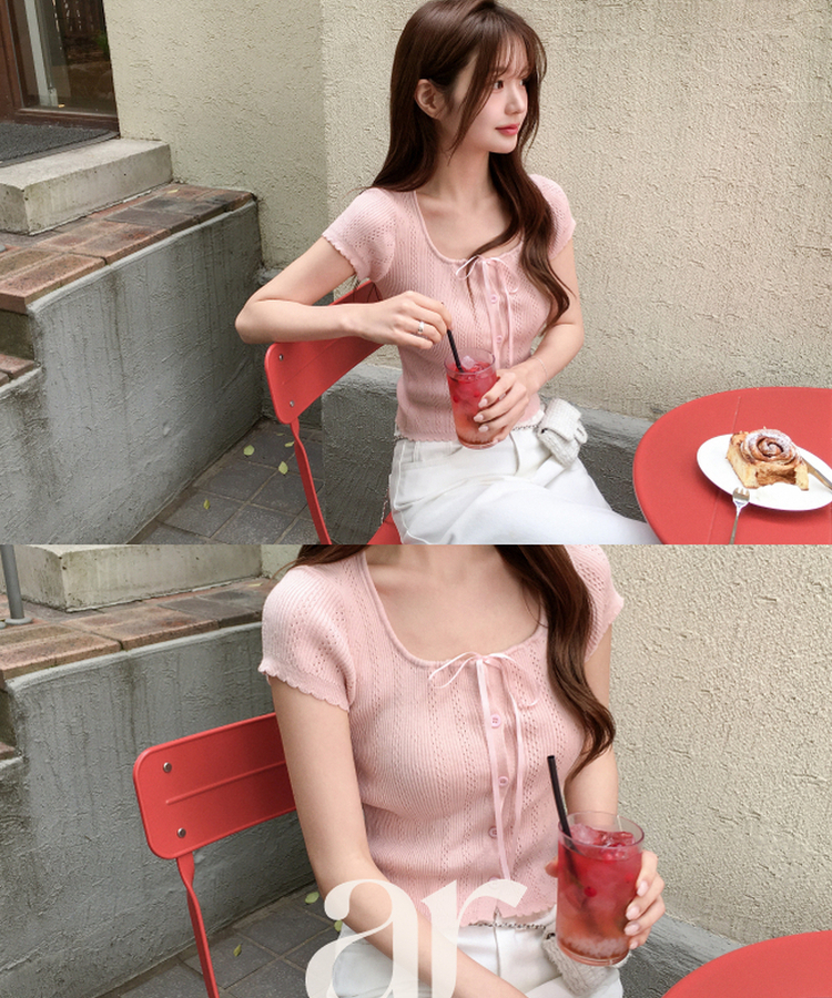 (ネックライン調節可能／コーデポイント)   リボンストラップ ボタン 半袖ニット   PINK