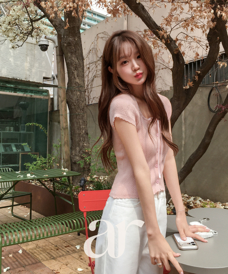 (ネックライン調節可能／コーデポイント)   リボンストラップ ボタン 半袖ニット   PINK