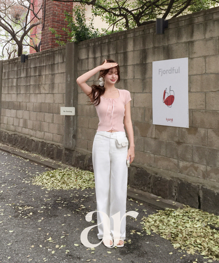 (ネックライン調節可能／コーデポイント)   リボンストラップ ボタン 半袖ニット   PINK