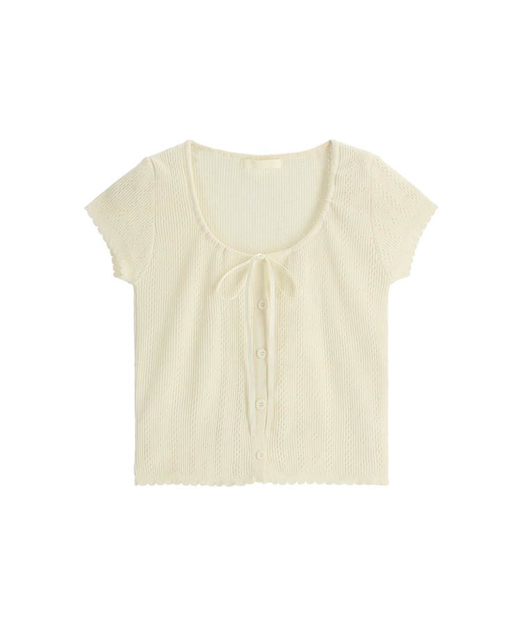 (ネックライン調節可能／コーデポイント)   リボンストラップ ボタン 半袖ニット