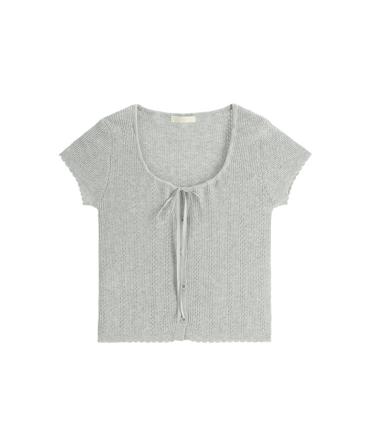 (ネックライン調節可能／コーデポイント)   リボンストラップ ボタン 半袖ニット