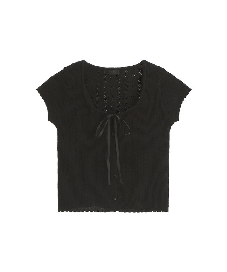 (ネックライン調節可能／コーデポイント)   リボンストラップ ボタン 半袖ニット