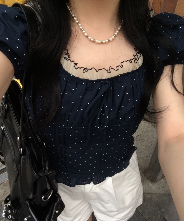 【シュシュ付き】ドットクロップブラウス NAVY