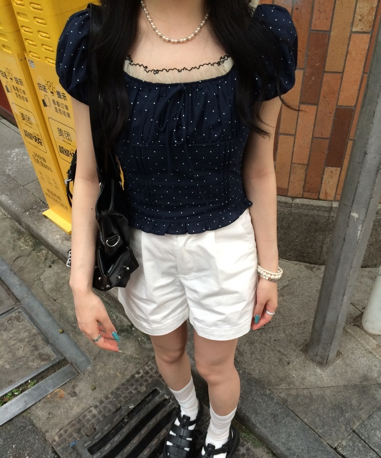 【シュシュ付き】ドットクロップブラウス NAVY