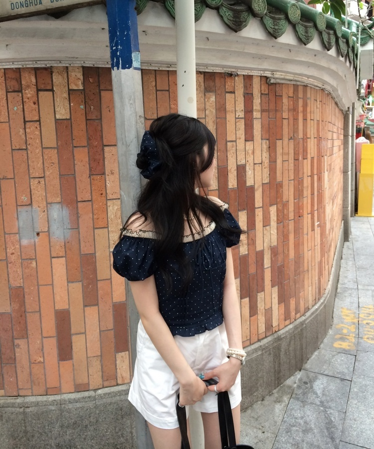 【シュシュ付き】ドットクロップブラウス NAVY