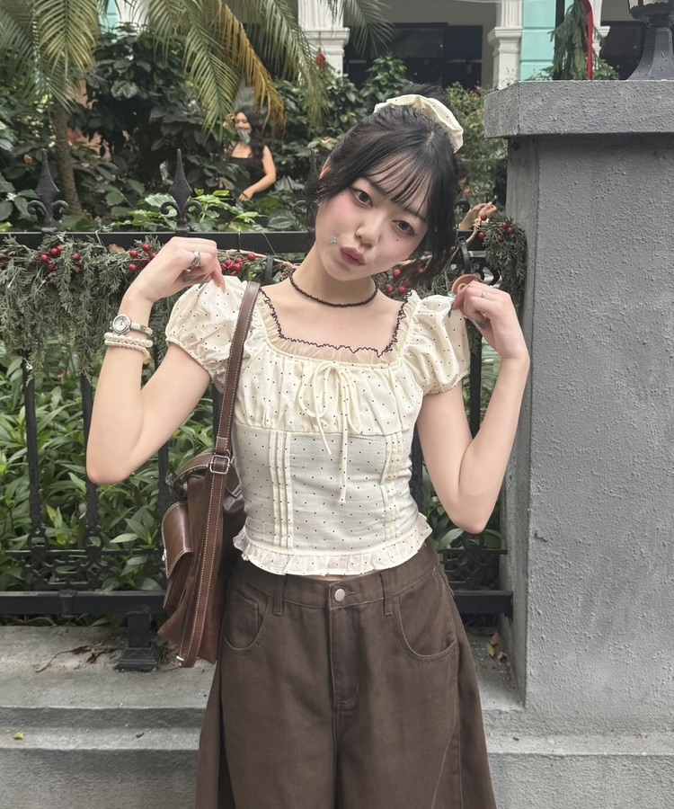 【シュシュ付き】ドットクロップブラウス CREAM