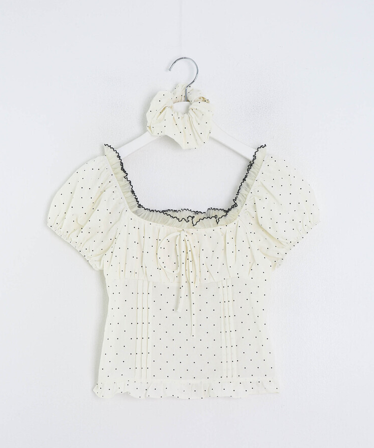 【シュシュ付き】ドットクロップブラウス