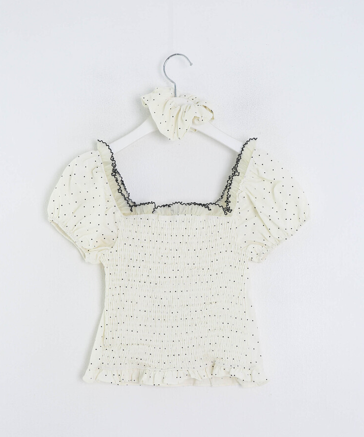 【シュシュ付き】ドットクロップブラウス