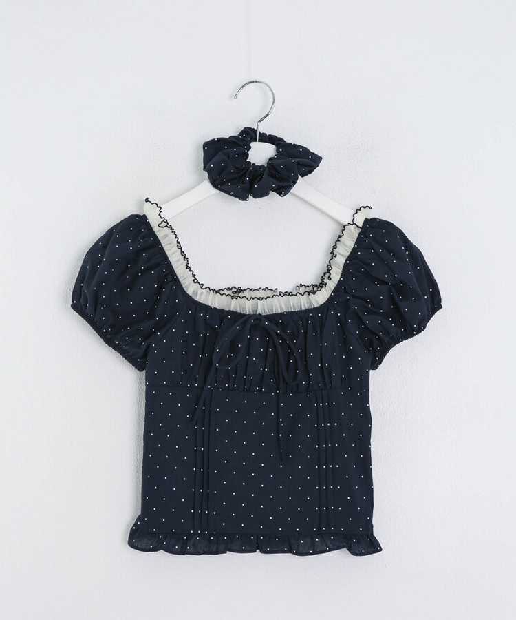 【シュシュ付き】ドットクロップブラウス