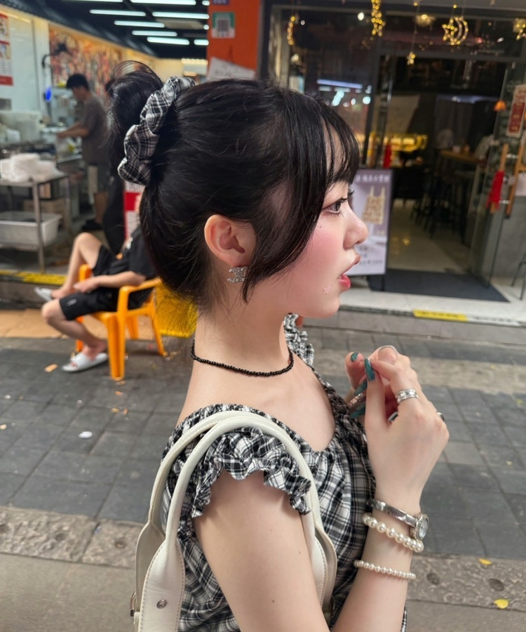 【❤️MADE】【シュシュ付き】チェックフリルブラウス BLACK