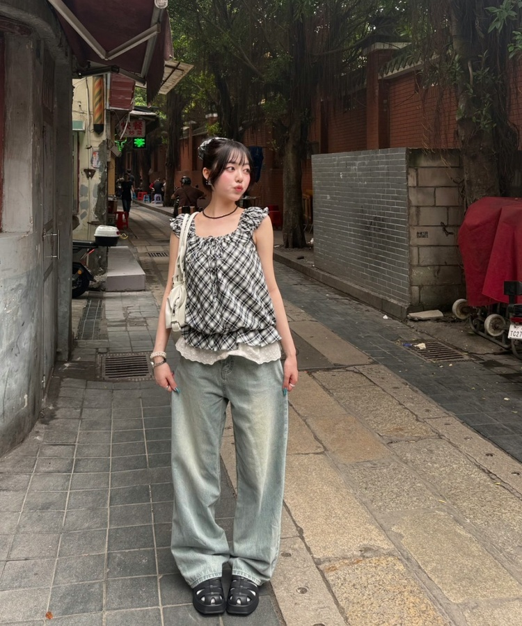 【❤️MADE】【シュシュ付き】チェックフリルブラウス BLACK