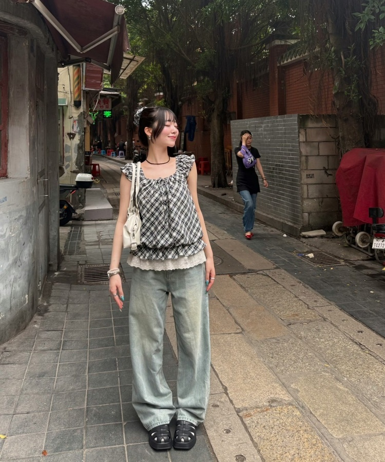 【❤️MADE】【シュシュ付き】チェックフリルブラウス BLACK