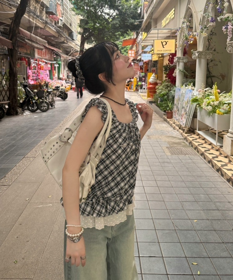 【❤️MADE】【シュシュ付き】チェックフリルブラウス BLACK