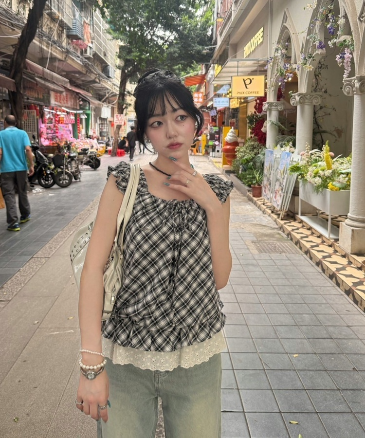 【❤️MADE】【シュシュ付き】チェックフリルブラウス BLACK