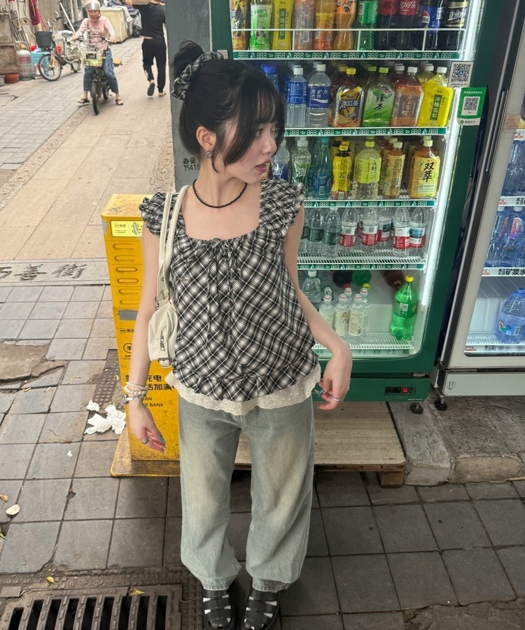 【❤️MADE】【シュシュ付き】チェックフリルブラウス BLACK