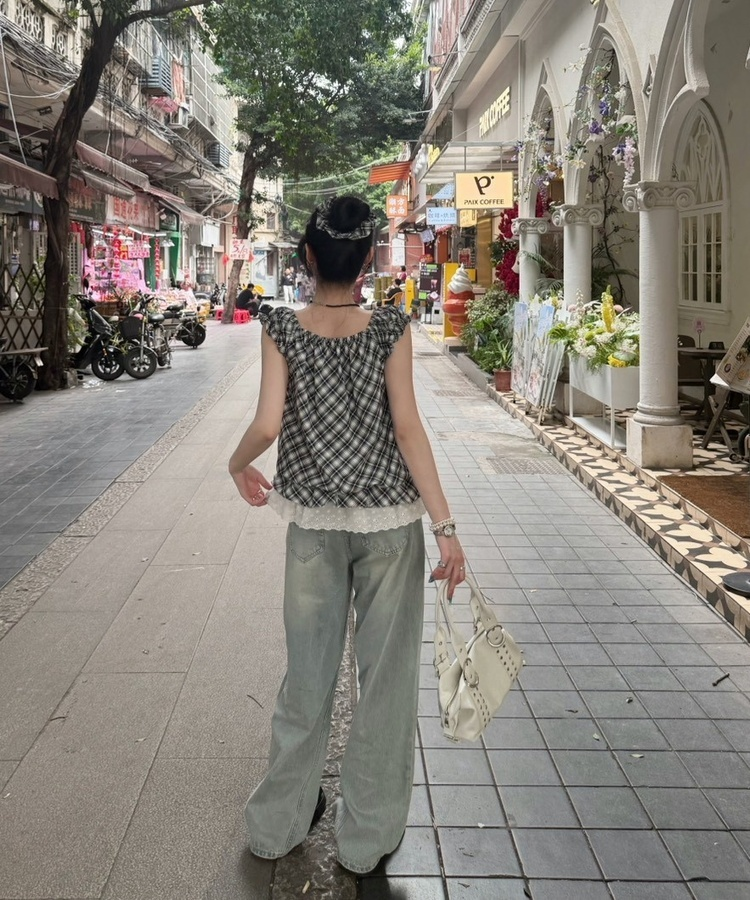 【❤️MADE】【シュシュ付き】チェックフリルブラウス BLACK