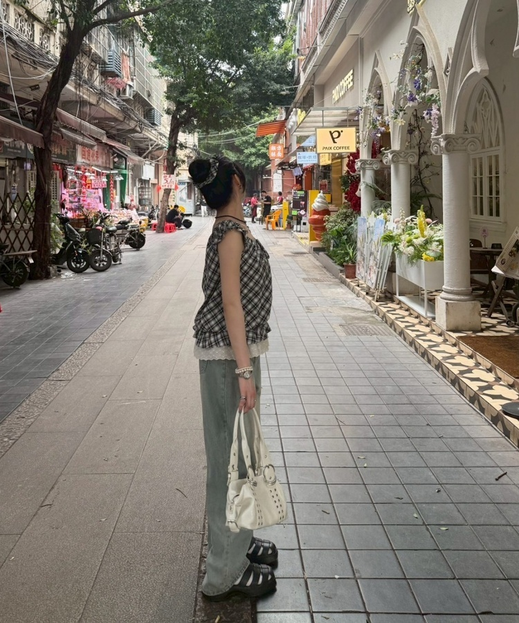 【❤️MADE】【シュシュ付き】チェックフリルブラウス BLACK