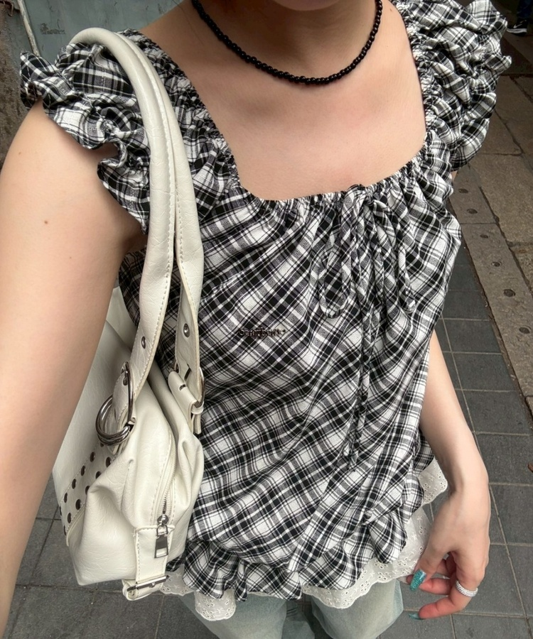 【❤️MADE】【シュシュ付き】チェックフリルブラウス BLACK