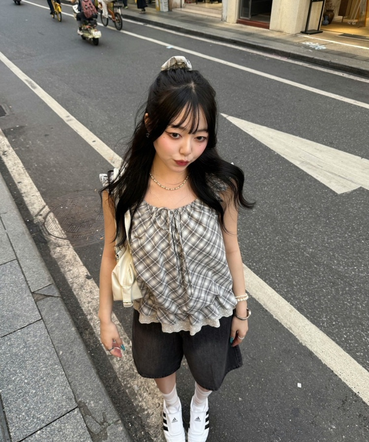 【❤️MADE】【シュシュ付き】チェックフリルブラウス GREY