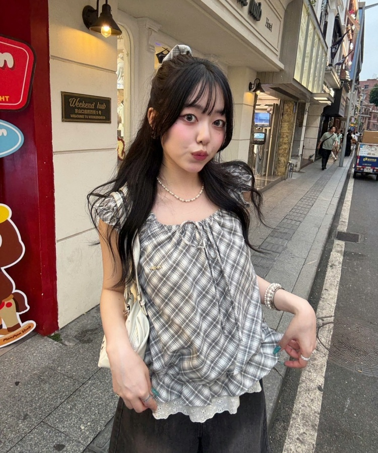 【❤️MADE】【シュシュ付き】チェックフリルブラウス GREY