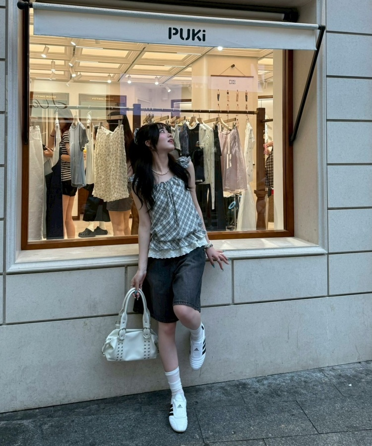 【❤️MADE】【シュシュ付き】チェックフリルブラウス GREY