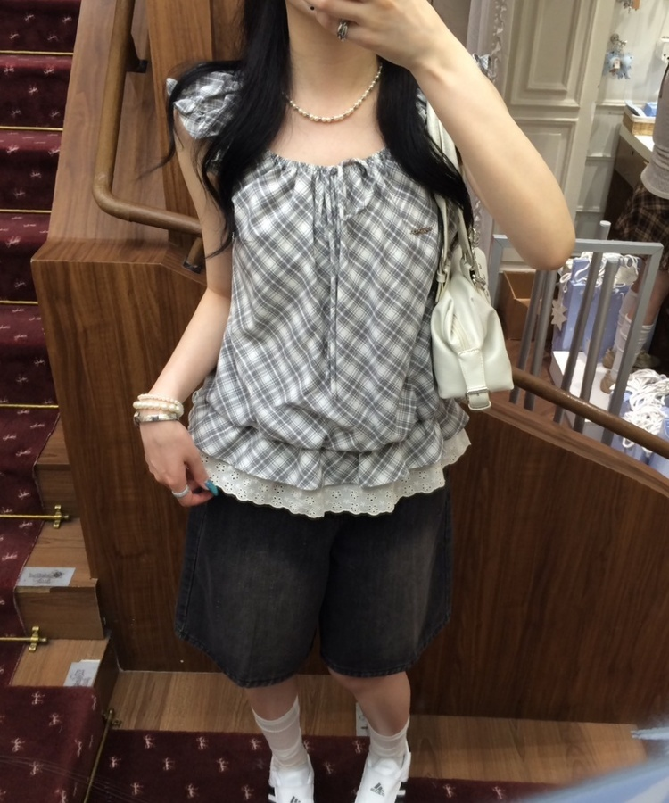 【❤️MADE】【シュシュ付き】チェックフリルブラウス GREY