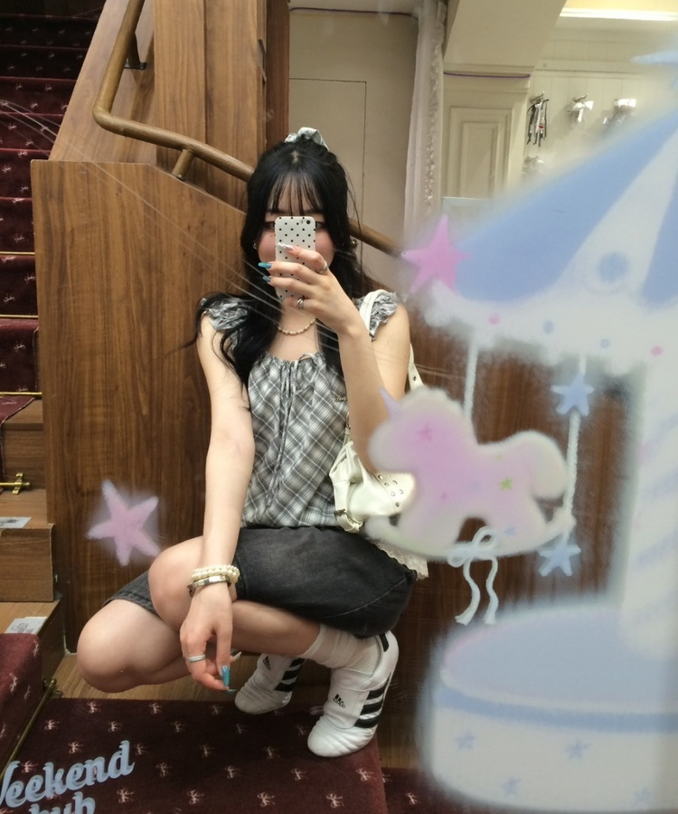 【❤️MADE】【シュシュ付き】チェックフリルブラウス GREY