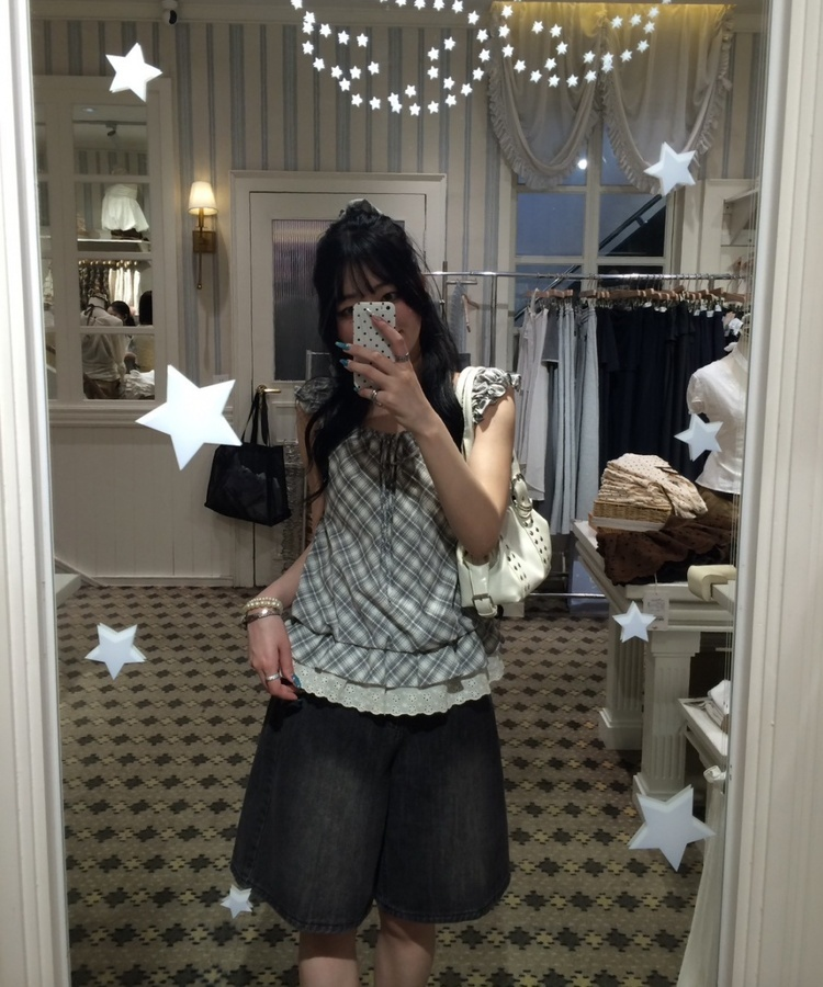 【❤️MADE】【シュシュ付き】チェックフリルブラウス GREY