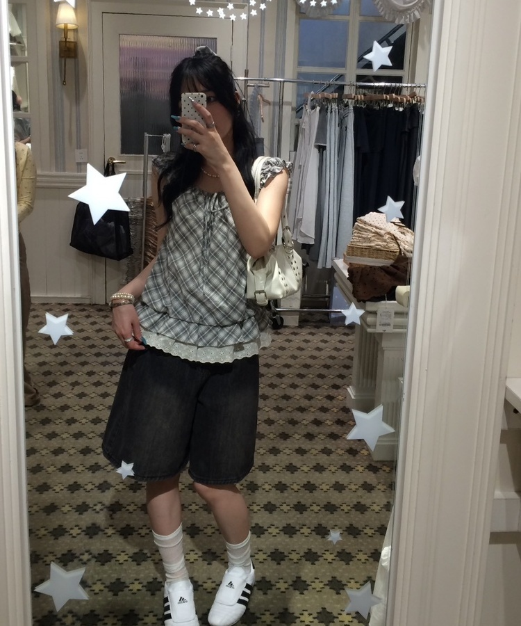 【❤️MADE】【シュシュ付き】チェックフリルブラウス GREY