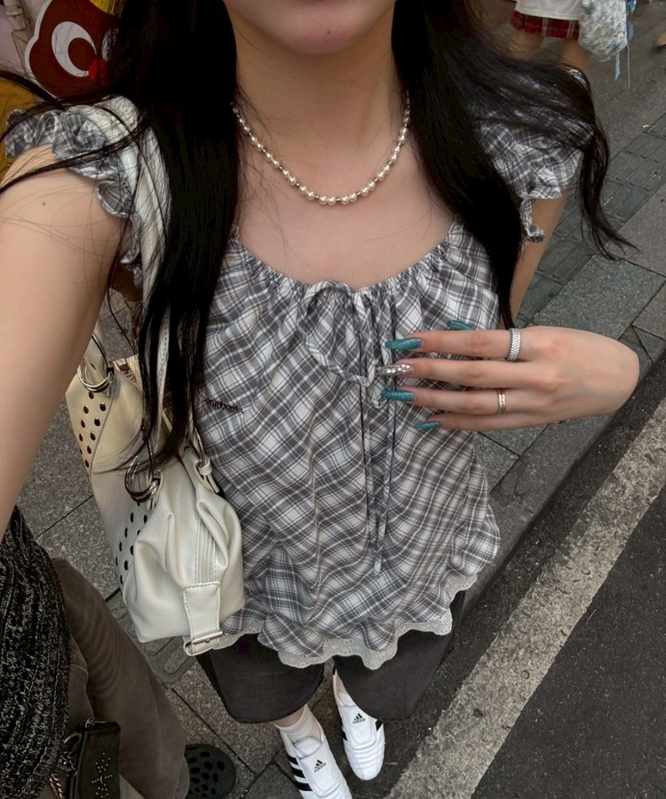 【❤️MADE】【シュシュ付き】チェックフリルブラウス GREY