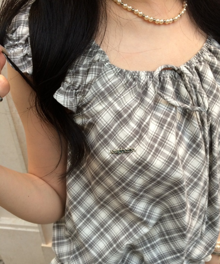 【❤️MADE】【シュシュ付き】チェックフリルブラウス GREY