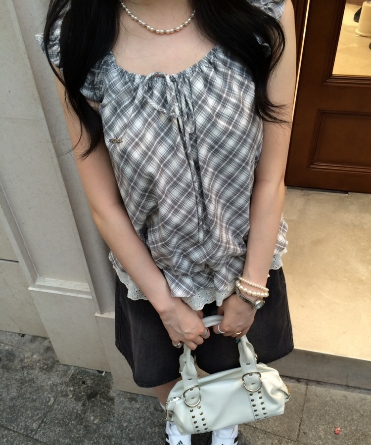 【❤️MADE】【シュシュ付き】チェックフリルブラウス GREY