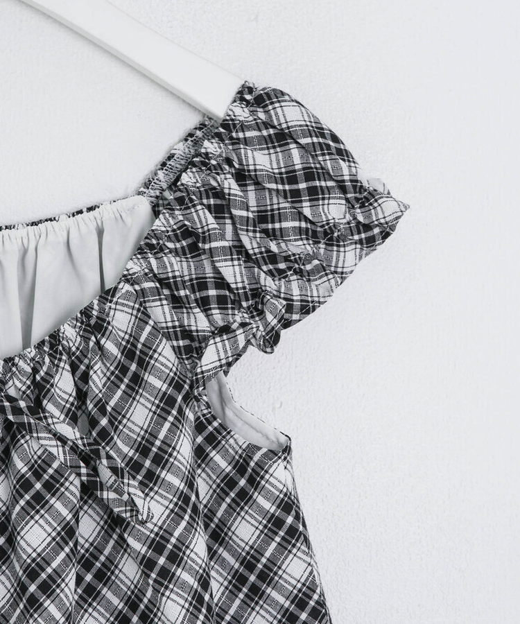 【❤️MADE】【シュシュ付き】チェックフリルブラウス