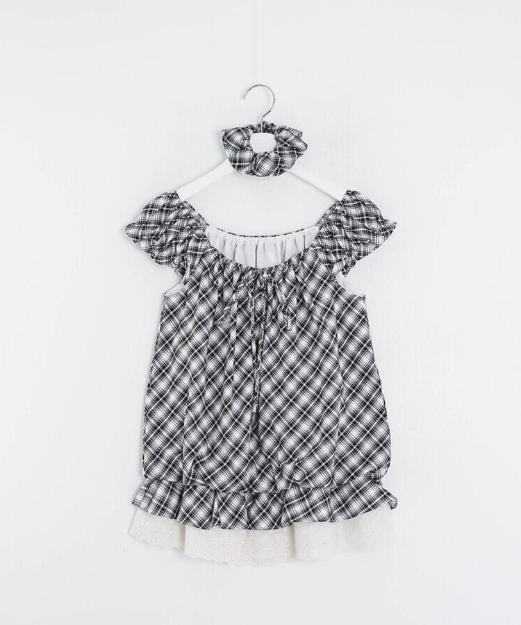 【❤️MADE】【シュシュ付き】チェックフリルブラウス