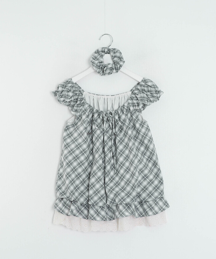 【❤️MADE】【シュシュ付き】チェックフリルブラウス