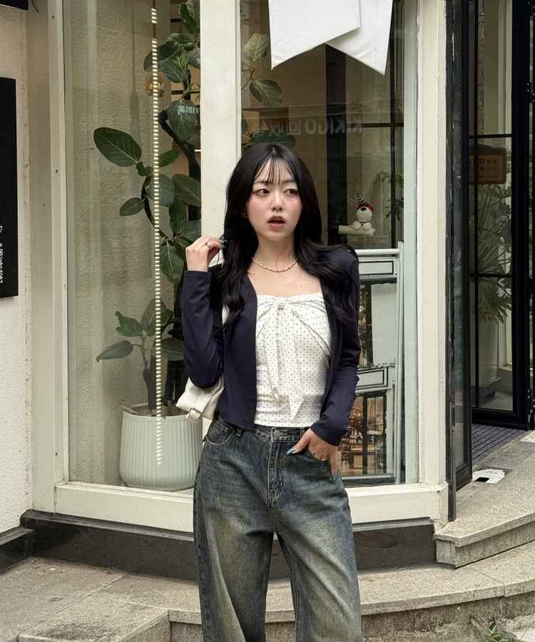 【❤️MADE】【SET】CBロゴカーディガン＋リボンドットフリルキャミ NAVY