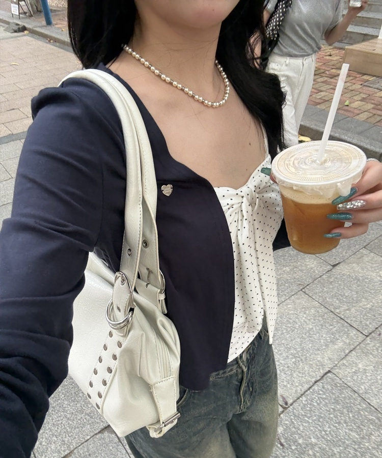 【❤️MADE】【SET】CBロゴカーディガン＋リボンドットフリルキャミ NAVY