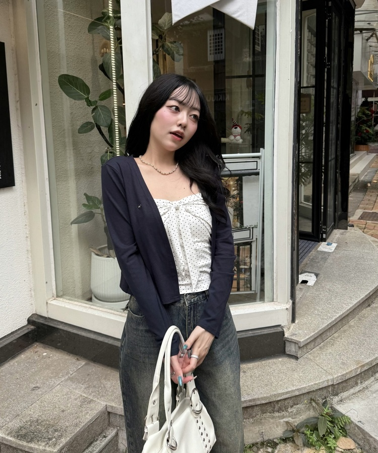 【❤️MADE】【SET】CBロゴカーディガン＋リボンドットフリルキャミ NAVY