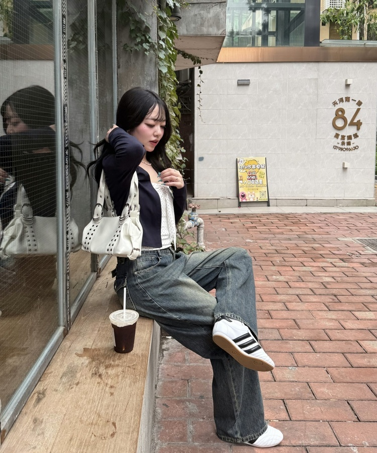 【❤️MADE】【SET】CBロゴカーディガン＋リボンドットフリルキャミ NAVY