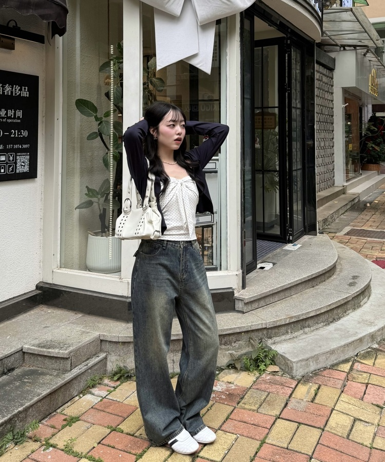 【❤️MADE】【SET】CBロゴカーディガン＋リボンドットフリルキャミ NAVY