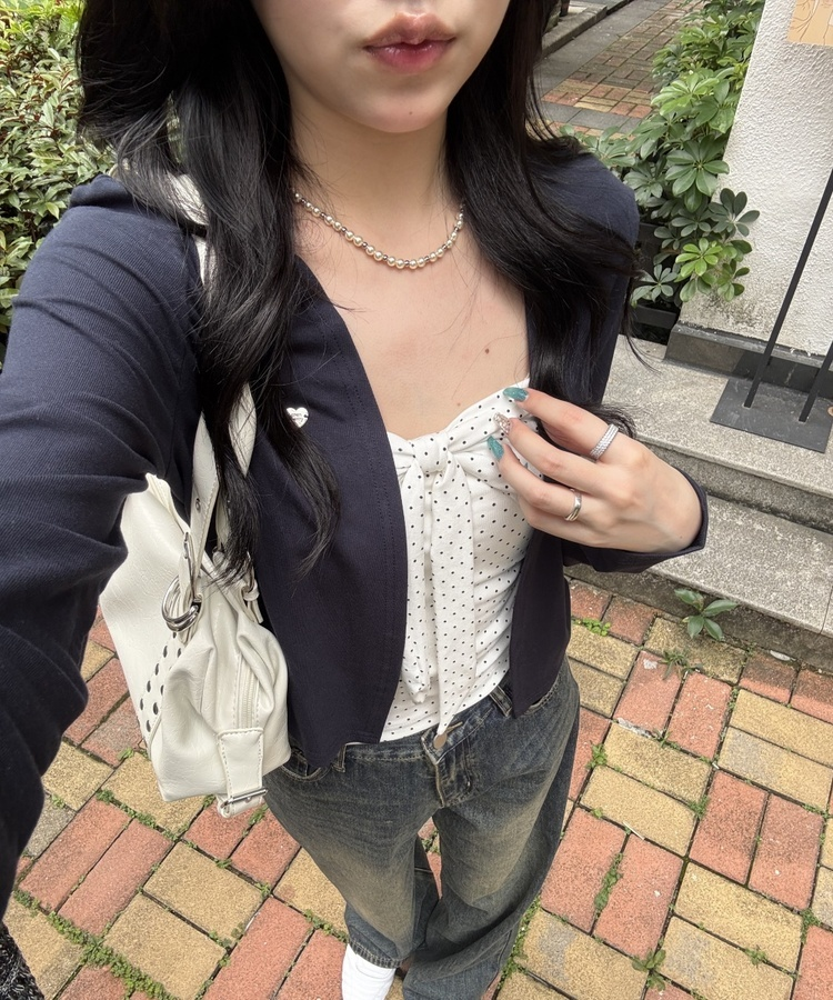 【❤️MADE】【SET】CBロゴカーディガン＋リボンドットフリルキャミ NAVY