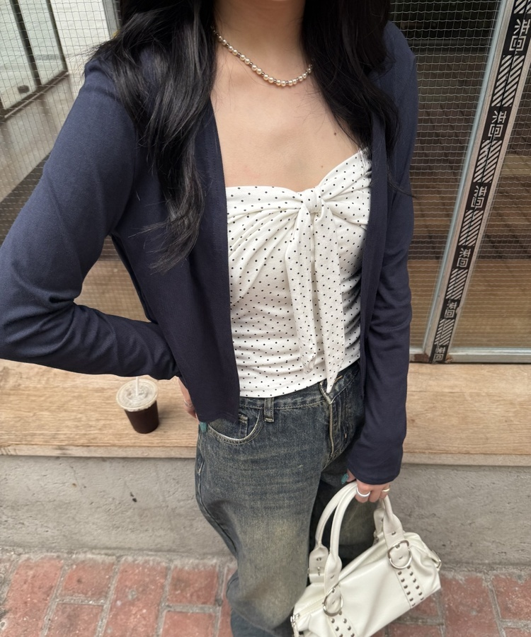 【❤️MADE】【SET】CBロゴカーディガン＋リボンドットフリルキャミ NAVY