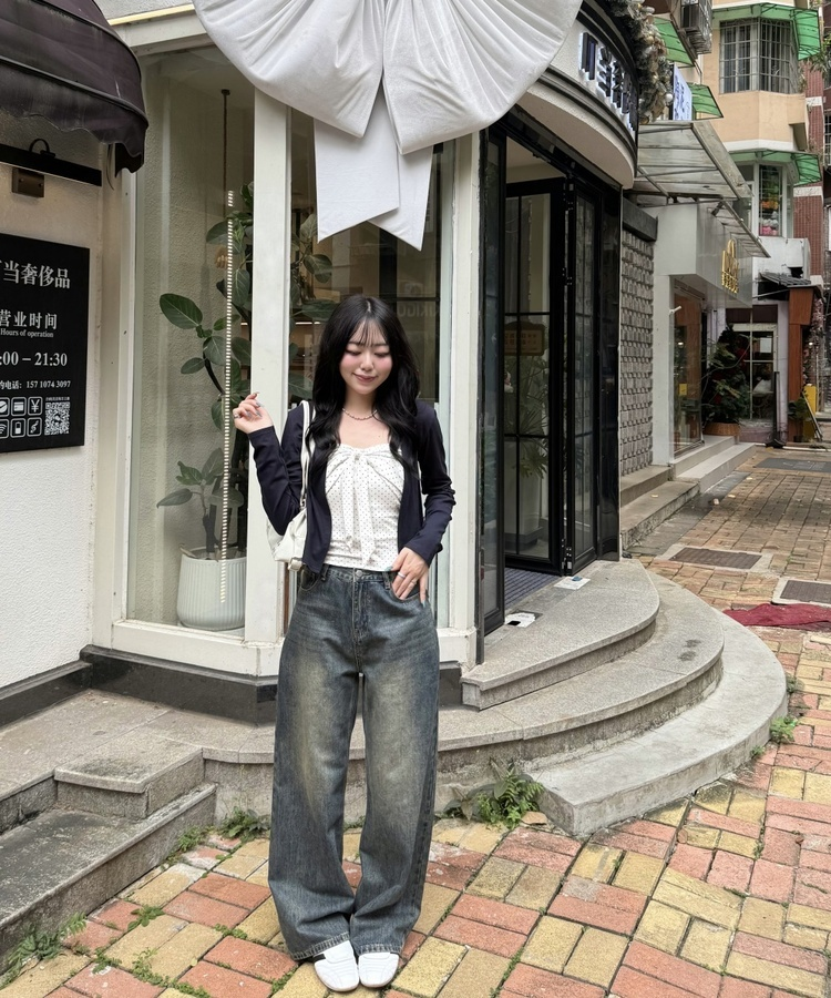 【❤️MADE】【SET】CBロゴカーディガン＋リボンドットフリルキャミ NAVY