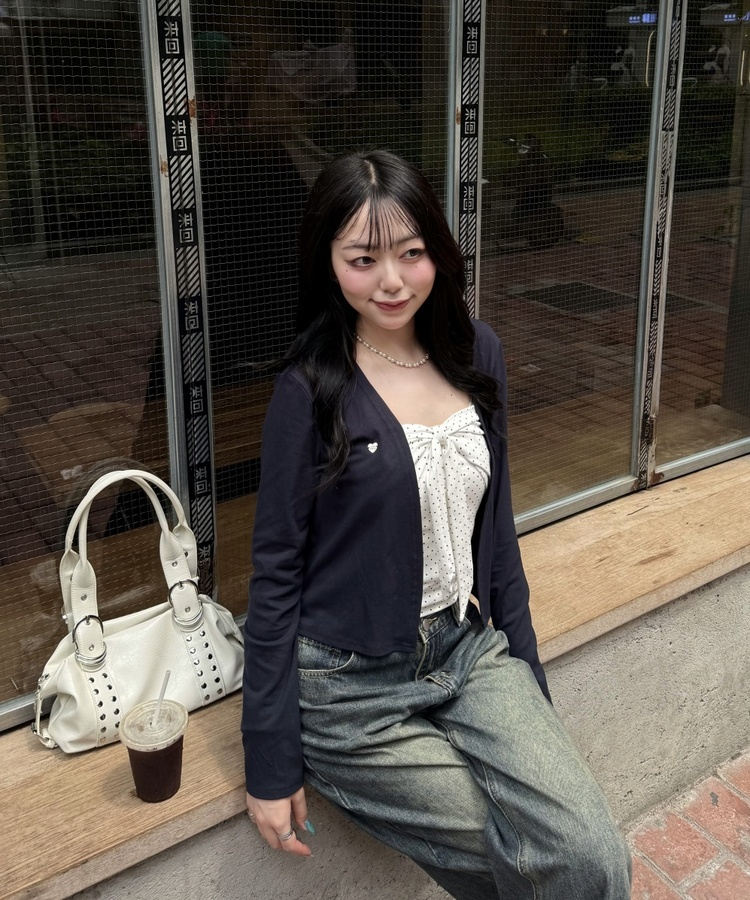 【❤️MADE】【SET】CBロゴカーディガン＋リボンドットフリルキャミ NAVY