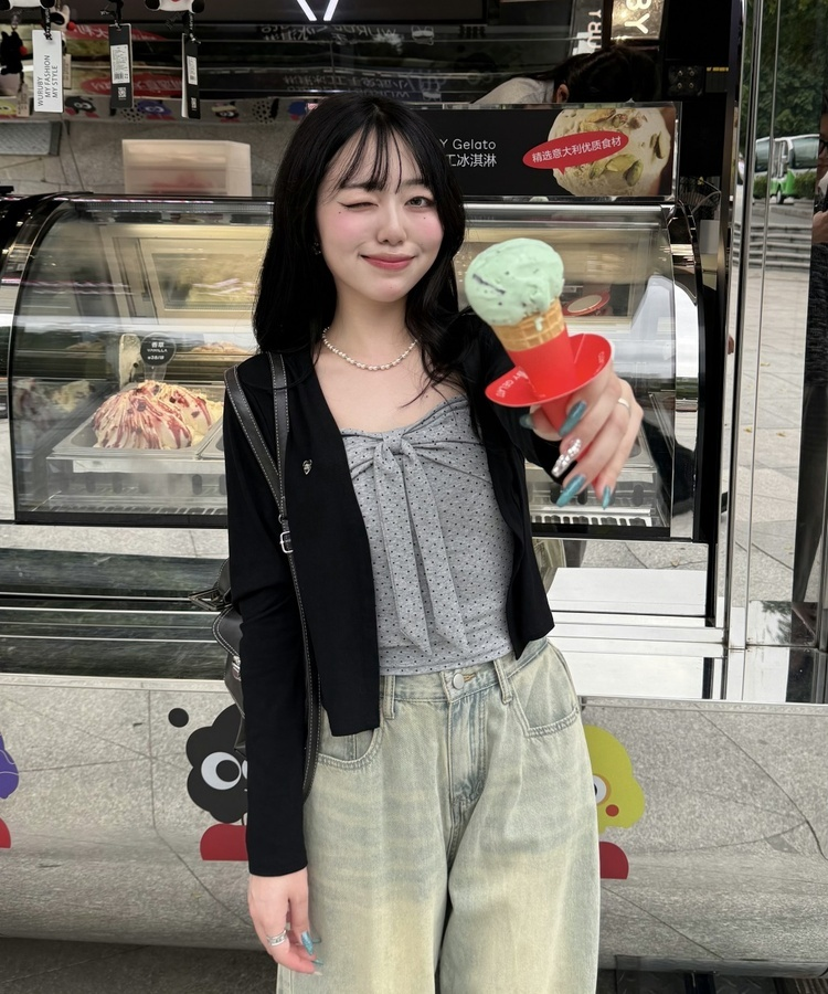 【❤️MADE】【SET】CBロゴカーディガン＋リボンドットフリルキャミ BLACK