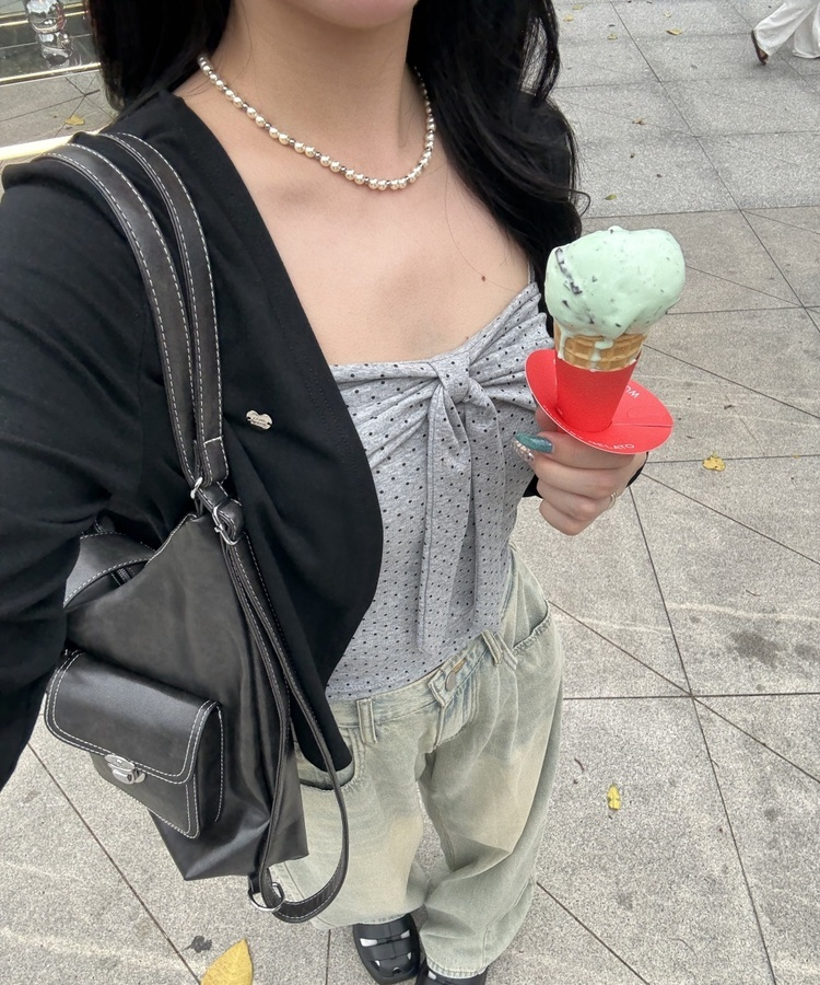 【❤️MADE】【SET】CBロゴカーディガン＋リボンドットフリルキャミ BLACK